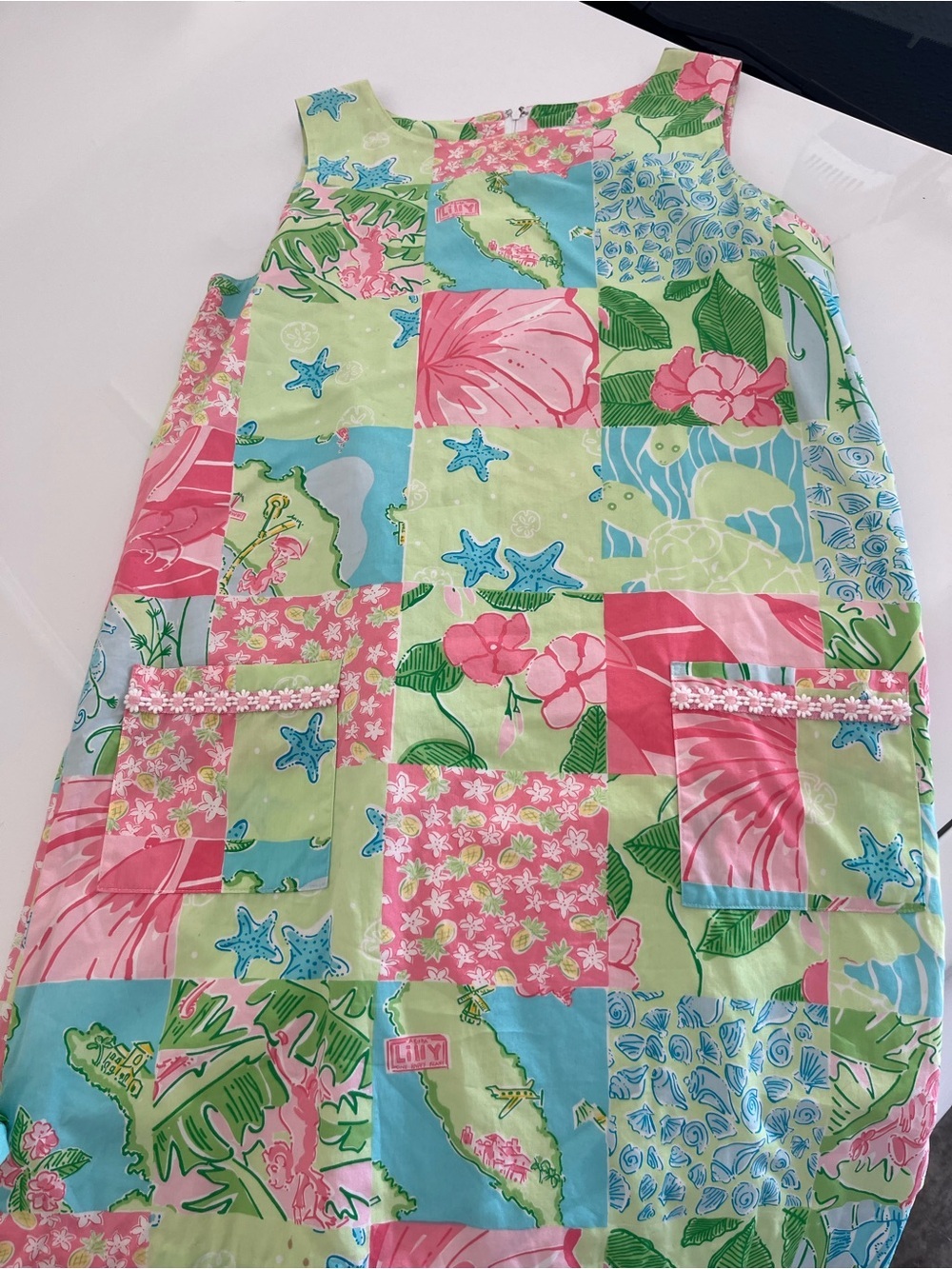 Lilly Pulitzer Pink, Green & Aqua Patchwork Shift Dress white label vintage 8